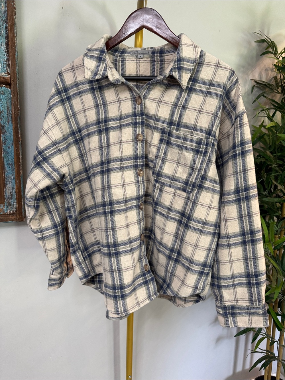 Wishlist wool Cream and Blue Plaid Utility Jacket shacket EUC M